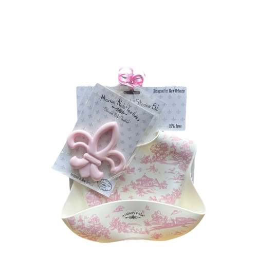 Pretty in Pink Storyland Toile Baby Gift Bundle | Silicone Bucket Bib and Teether