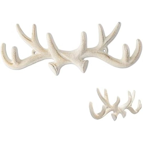 Comfify Vintage Cast Iron Deer Antlers Wall Mounted Hooks | Antique Finish Metal Clothes Hanger Rack w/Hooks | Includes Screws and Anchors | Antique White