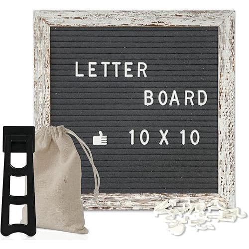 4 THOUGHT Letter Board Sign with 500 Letters 10" x 10" Felt Letter Board with Stand for First Day of School White Wooden Frame Message Board Vintage Grey Announcement Board Valentine's Day Gift Birthday Decor