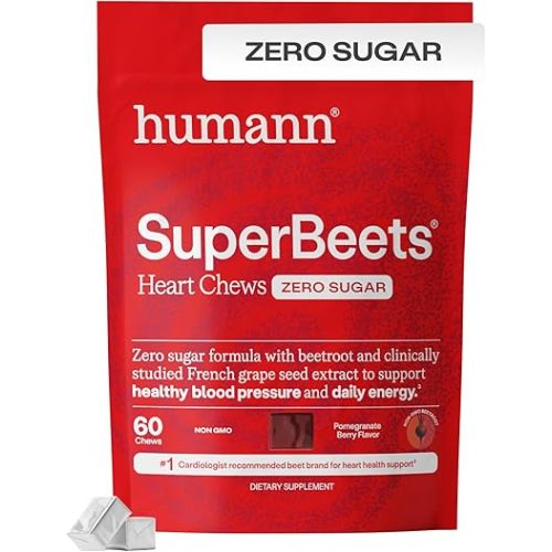 Humann SuperBeets Heart Chews Zero Sugar, Nitric Oxide and Blood Pressure Support, Grape Seed Extract & Non-GMO Beet Root Powder Energy Supplement, Pomegranate Berry Flavor, 60 Count