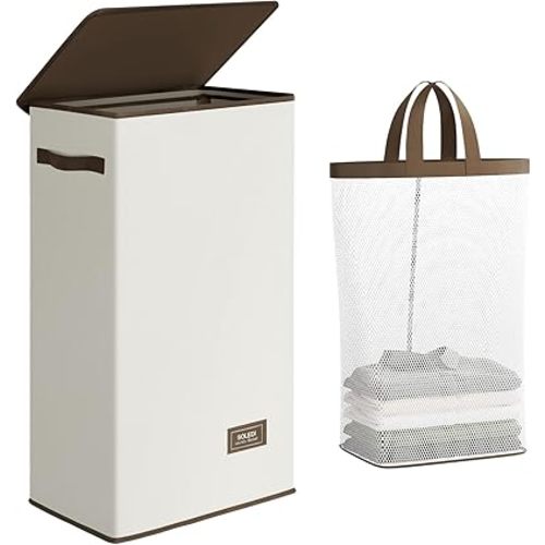 SOLEDI Slim Laundry Hamper with Lid, Narrow Laundry Basket with Removable Bags, Dirty Clothes Hamper with handle, Small Hamper perfect for Laundry room, Bathroom, Bedroom, Small spaces. 70L Beige