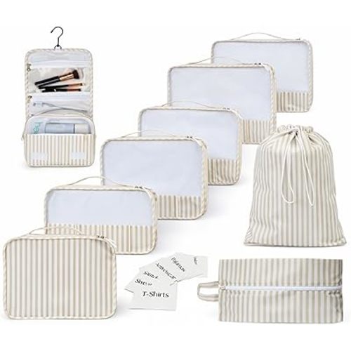 9 Set Packing Cubes - Suitcase Organizer, Cute Packing Cubes, Travel Bags Organizer for Luggage with Hanging Toiletry and Shoe Bag, Travel Essentials for Women, Men and Kids -Stripe