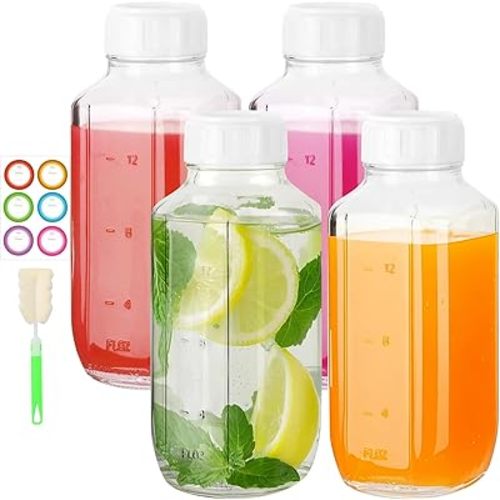 BIGIVACA 16 oz Glass Milk Bottles with Airtight Lids - 4 Pack Reusable Juicing Bottles with Capacity Marks - Square Drinking Jars Container for Juice, Coffee, Tea, Water