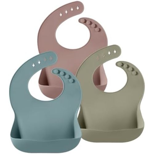 PandaEar Set of 3 Silicone Baby Bibs, Waterproof Soft Adjustable Bibs for Babies Toddlers 10-72 Months