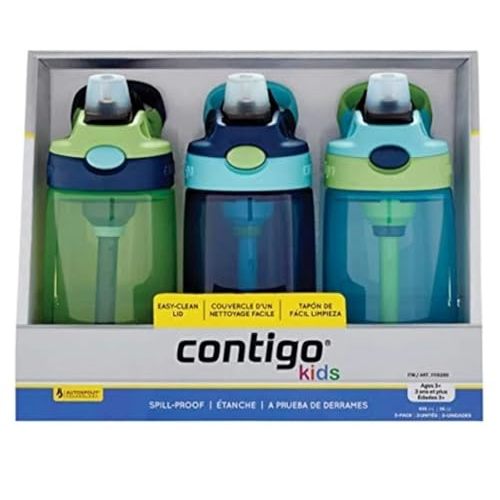 Contigo Kids Water Bottle, 14 oz with Autospout Technology – Spill Proof, Easy-Clean Lid Design – Ages 3 Plus, Top Rack Dishwasher Safe, 3-Pack, Green / Blue, blue green