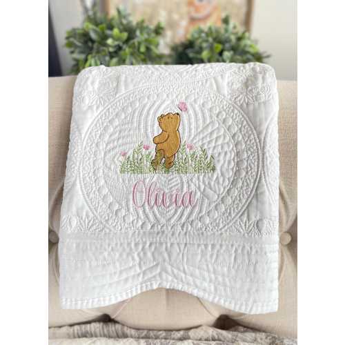 Classic Winnie The Pooh Personalized Embroidered Heirloom Baby Quilt, Nursery Bedding, Flower Butterflies Name Blanket