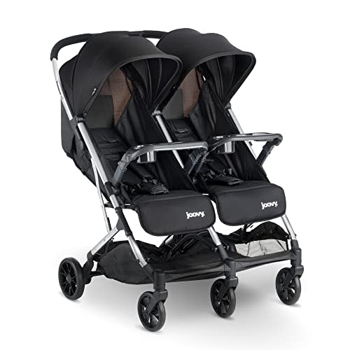 Joovy Kooper X2 Double Stroller, Lightweight Travel Stroller, Compact Fold with Tray, Black | Side-by-Side Seats, Adjustable Leg Rests, Big Wheels for Smooth Ride, Snack Trays, Storage Pockets, Easy One-Handed Fold