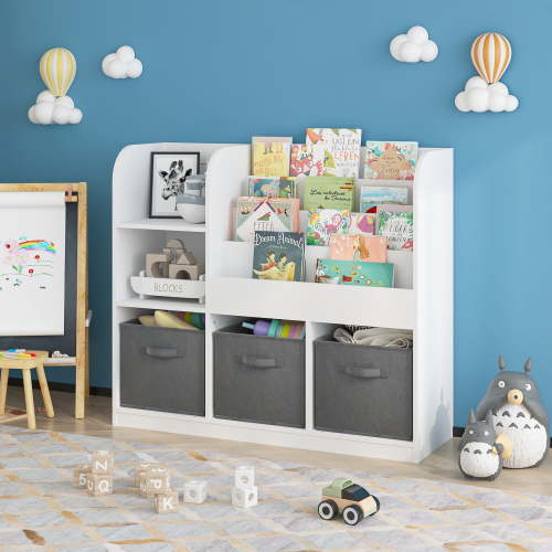 GASEE Kids Bookcase and Bookshelf, Multifunctional Bookcase with 3 Collapsible Fabric Drawers, Bookcase Display Stand, Toy Storage Organizer for Bedroom, Playroom, Hallway (White/Gray)