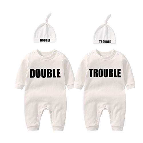 YSCULBUTOL Baby Twins Bodysuits Funny Double Trouble Cute Girl Romper Twin Jumpsuits Hat Set