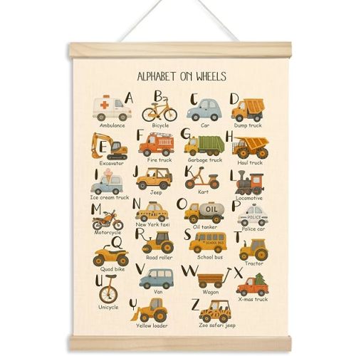 Xmsaitar Classroom Car Alphabet Poster Hanger Frame Wall Decor, Nursery Traffic Kids Prints for Wall Hanging Decor Art, Rustic Cute Pictures Banner for Boys Toddler Room Dorm Playroom 12x16in