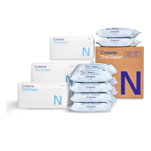 Coterie Baby Wipes + Diapers Kit, Size Newborn Diapers (186 Count) & 12 Pack (672 Count) Baby Wipes with 99% Water, Plant Based Materials, Hypoallergenic for Sensitive Skin