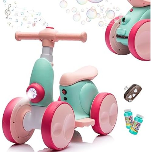 6V Electric Baby Balance Bike with Bubble Machine,4 in 1 Toddler Balance Bike w/Remote for 1 Year Old Boys Girls Kids Bubble Bike Ride on Toys w/Powered Motor,Music,LED Lights (Green&Red)