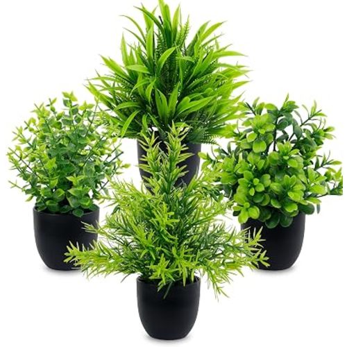LOYWREE Faux Plants Indoor 4 Pack Small Fake Plants Mini Artificial Plants in Black Pots Potted Greenery for Home Office Table Desk Bathroom Shelf Counter Styling Farmhouse Decor