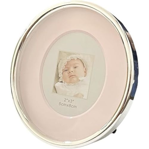2x3 Oval Mini Picture Frame for Baby Silver Zinc Alloy Pink Picture Frame Tabletop Display for Newborn Baby Kids Decoration (Pink)
