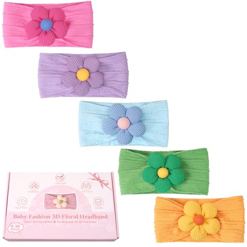 CÉLLOT 5 Pcs Baby Flower Headbands Baby Girls Nylon Headbands Soft Hairbands Hair Accessories for Newborn Infant Toddler Kids(Spring Summer Vibe)