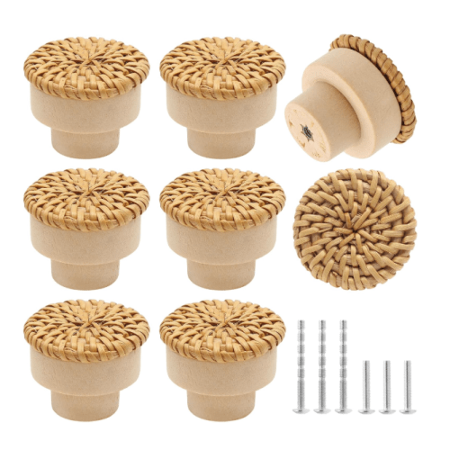 12 Pack Rattan Dresser Knobs Boho Cabinet Pulls, 1-1/2 Inch Dia Wicker Drawer Handles With Screws, Round Furniture Knob for Cupboard Wardrobe Vanity (Natural Color)