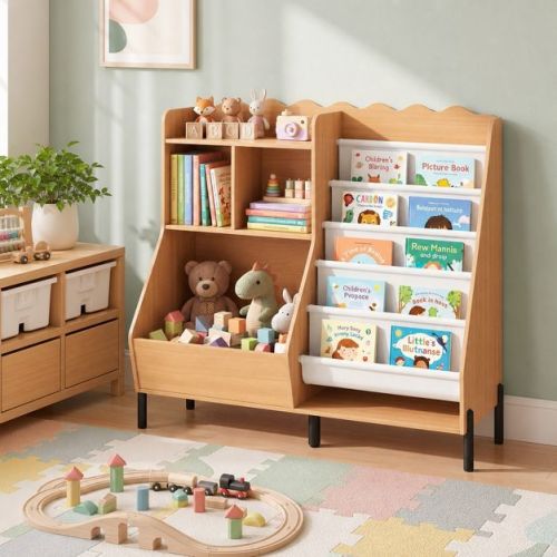 Kids Bookshelf Toy Storage Organizer with Fabric Pockets in Natural and White