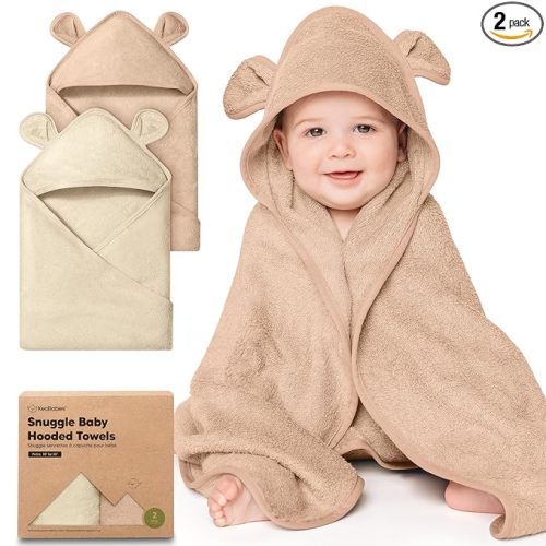 KeaBabies 2-Pack Hooded Baby Towels for Newborn - 30x30 Soft & Absorbent Viscose from Bamboo Baby Bath Towels with Hood for Infant, Toddler,Kids,Boys Girls,Newborn Bath Essentials (Almond, Petite)