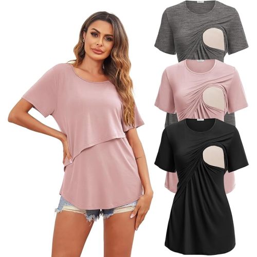 Ekouaer Women's Maternity Shirts Short Sleeves Nursing Tops 3 Pack Double Laye Breastfeeding Tees Pregnancy Clothes S-XXL