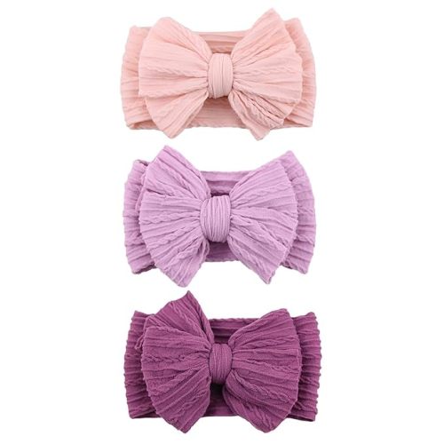 3 Pcs Pink Light Deep Purple Baby Bows Headbands Soft Nylon Hairbands Super Elastic Headband Hair Accessories For Baby Girls Infant Toddler Essentials Valentine's Day (Pink Light Deep Purple)
