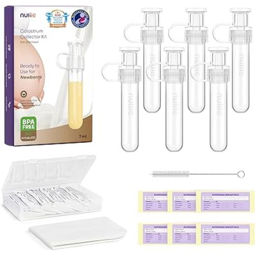 Nuliie Colostrum Collector Kit 7ml/6pcs, Leakproof, Reusable Breast Milk Collector, Heat & Freezer Resistant, BPA-Free, With Cotton Cloth Wipe, Storage Case, Cleaning Brush - Ready-to-Use for Newborns