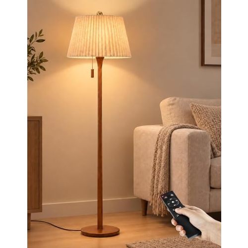 OUTON Wood Floor Lamp with Remote, Dimmable Farmhouse Floor Lamp, Walnut