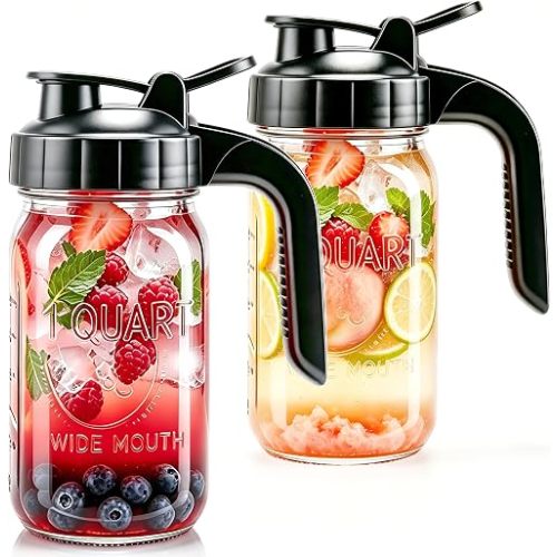 Mason Jar Pitcher With Pour Spout Lid 32 OZ Glass Breast Milk Storage 2 PC