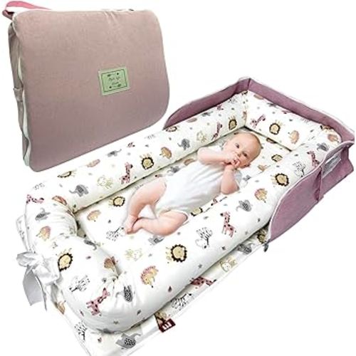 Baby Lounger, Foldable Portable Infant Lounger, Baby Nest Cover, Suitable for 0-24 Months Newborn Baby Lounger,Home Travel Dual-Purpose Baby Nest（Pink Zoo）