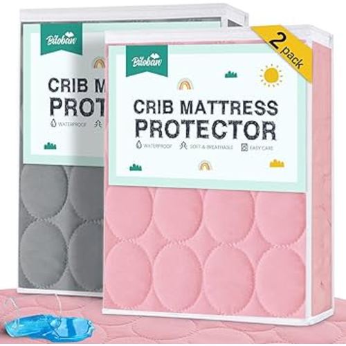 Crib Mattress Protector Sheets Waterproof 2 Pack, Quilted Crib Mattress Pad Cover Fitted Fits for Baby Toddler Bed Mattress, Grey & Pink, 52” x 28”