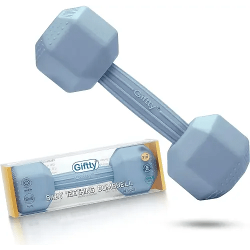 Giftty Baby Dumbbell Infant Rattle Silicone Teething Toy Teether Infants Toddler Sensory Toy Exercises Weight - Made of 100% Food-Grade Silicone, Safe for Baby Boys and Girls (1pcs 4.8oz - Blue)