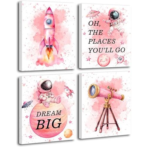 Framed Pink Outer Space Wall Art Prints,Watercolour Star Rocket Astronaut Art Posters,Cute Inspirational Art Artwork for Nursery Decor Girls Boys Room Playroom Classroom Decor,Set Of 4 (8X10)
