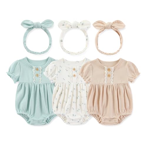 MAMIMAKA Newborn Baby Girl Clothes Cotton Bubble Romper Floral Short Sleeve Bodysuit 3 Pack