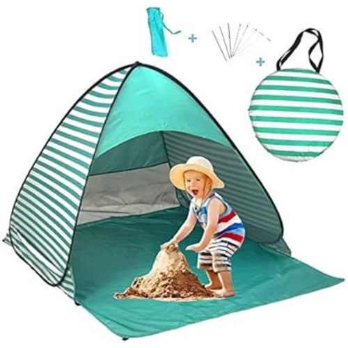 Tente de plage UPF 50+ facile à déployer, abri solaire pour 2 à 3 personnes, automatique instantané, portable, auvent pour bébé, cabana, parasol pare-soleil (vert)