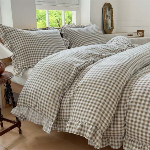 Tan Gingham Ruffle Duvet Cover King Size, 3 Pieces Taupe Soft Pre-Washed Microfiber Checked Plaid Comforter Cover Set, Vintage Farmhouse Bedding Set(Tan Gingham, King 104"x90")