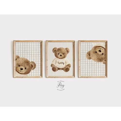 Personalised Teddy Bear Nursery Wall Art, Set of 3 Prints, Peekaboo Nursery Room Decor, Unframed or Digital