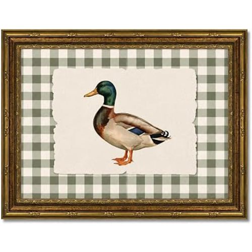 Vintage Mallard Duck Framed Canvas Wall Art Print, Sage Green Gingham Plaid Farmhouse Cottagecore Picture Decor for Kitchen Living Room Bedroom Entryway, 12x16 Inch