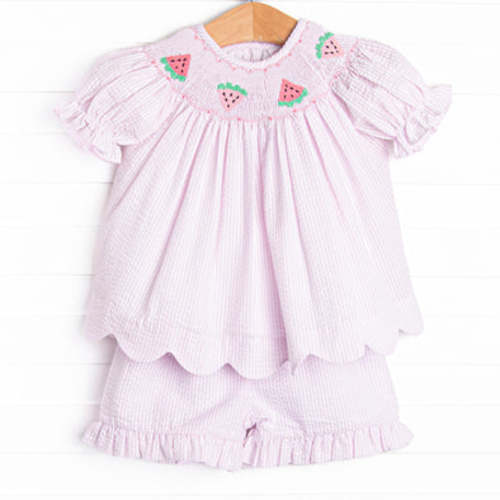 Scalloped Slices Smocked Short Set, Pink Seersucker – Stitchy Fish