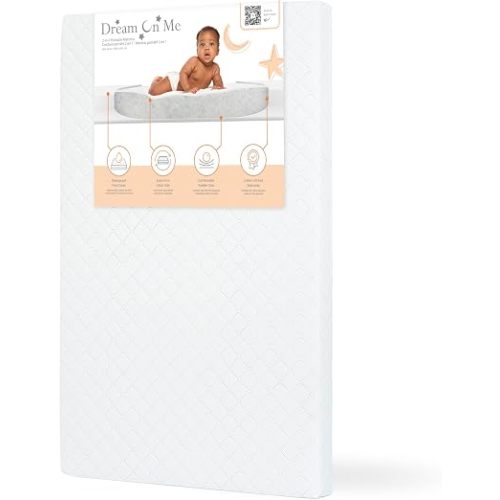 Dream On Me Holly 2-in-1 Mini Crib Mattress, Dual-Sided Infant & Toddler, Waterproof Cover, GREENGUARD Gold Certified, 38” x 24” x 3”, Fits Mini & Select Portable Cribs, Not for Playards