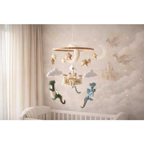 Hand-Sewn Felt Dragon Castle Crib Mobile, Fairytale Nursery Decor