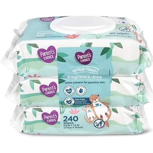 Parent's Choice Gentle Clean Fragrance-free Unscented No Scent Baby Wet Wipes Suitable for Sensitive Skin Infused with Vitamin E and Aloe, 240 Count (Value Pack Includes 3 80-Count Packages) - 1 Pack