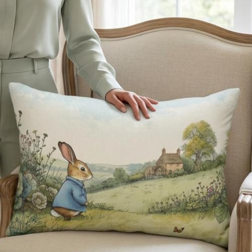 Vintage Bunny Lumbar Pillow, Beatrix Potter Style Nursery Cushion, Gender Neutral Decor