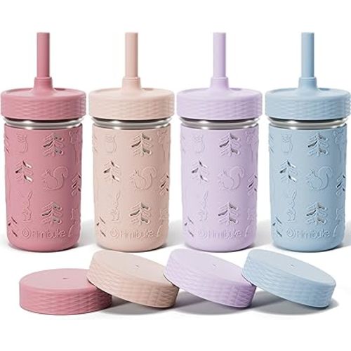 Fimibuke Toddler Cups Spill Proof, 12 OZ Sippy Cups for Kid Girl Boy, Leak Proof Stainless Steel Tumbler with Lid, Silicone Straw & Sleeve, BPA Free Dishwasher Safe Water Bottle Snack Container 4 Pack