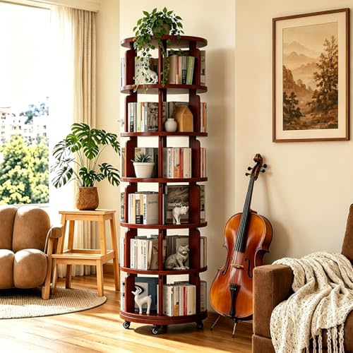 6 Tier 360° Rotating Solid Wood Bookshelf with Wheels | ,Lazy Susan Circular Spinning Revolving Corner Bookcase, Freestanding Storage Shelf for Bedroom Small Space, Walnut