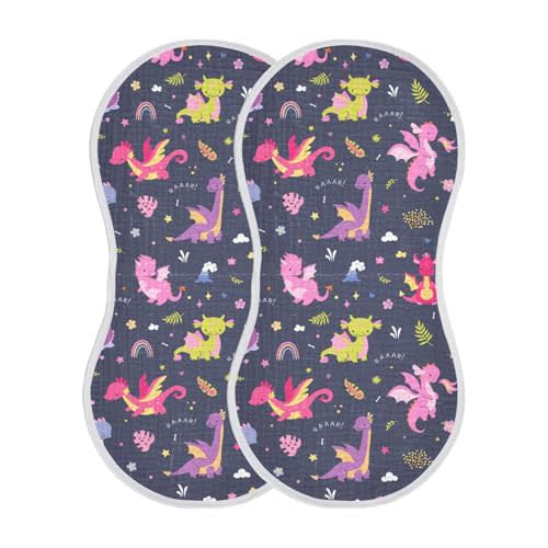 JHKKU Muslin Burp Cloths for Baby Boys and Girls - 2-Pack Ultra Absorbent Cute Dragon Muslin Washcloths, Newborn Towel, Milk Spit Up Rags, Burp Cloth Bibs for Unisex, 22 x 11 Inch