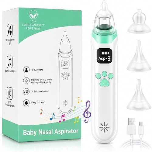 Baby Nasal Aspirator Electric, 3 Types Adjustable Gear, Includes 3 Soft Silicone Tips, Soothing Music & LED Lights, Ideal for Newborns Infants and Toddlers Up to 12 Years (Baby Nasal Aspirator)