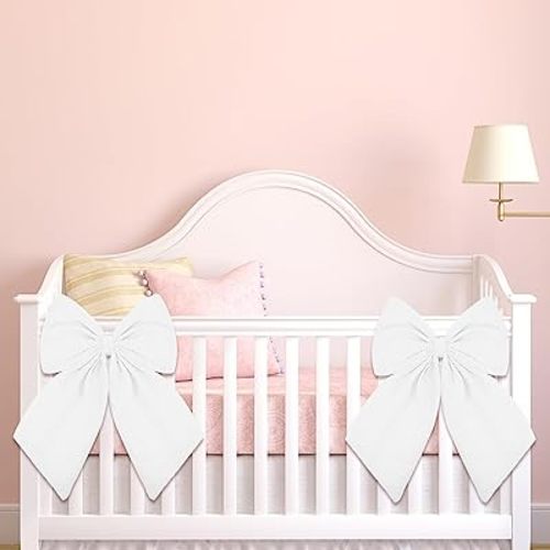 Riceshoot 2 Pcs Large Crib Bows 11 x 16 inch Coquette Bow Decorations for Nursery Crib Canopy Bed Large Bow Room Nursery Decor Infant Bassinet Bedroom Decor for Gender Reveal Gifts (White)