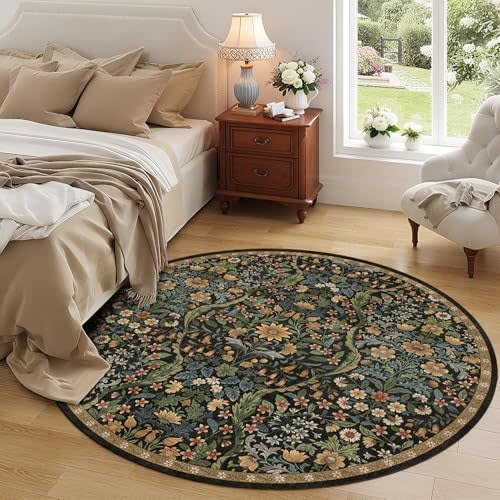Round Rug 6ft Black Brown Washable Floral Circle Rug,Vintage Boho Botanical Round Area Rugs, Non-Slip Soft Low-Pile Circular Carpet for Bedroom,Kids Room,College Dorm,Home Decor