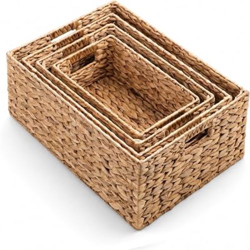 M4DECOR Set of 4 Water Hyacinth Storage Baskets for Shelves – Handwoven Wicker Baskets for Organizing, 4 Sizes (S/M/L/Jumbo)