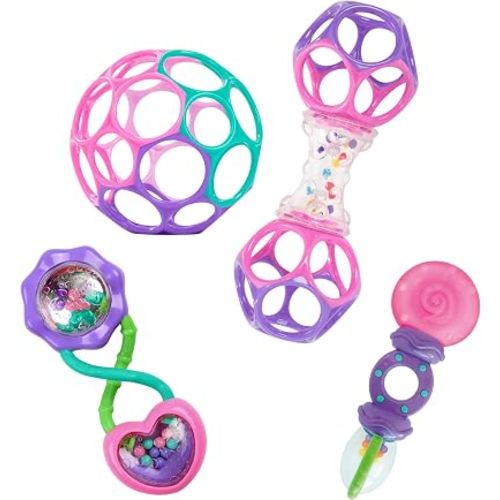 Bright Starts Gift Set with Easy-Grasp Oball Rattles, Rattle and Shake Barbell Toy, & Rattle and Teethe Chillable Baby Teether, Pretty in Pink, Ages 3 Months +