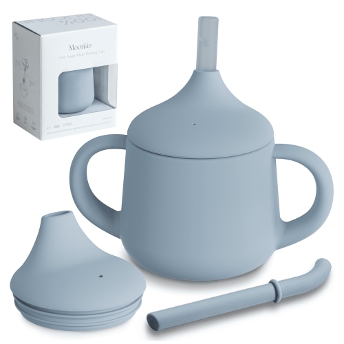 Moonkie Silicone Baby Sippy Cup, 3 Stage Training Cup with Straw and Spout, BPA Free, 4 oz, Ages 4 Months and Up